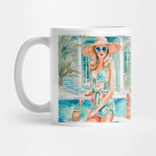 Girl in preppy outfit near the swimming pool Mug